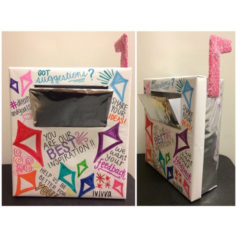 DIY suggestion mail box for ivivva! (2015) Suggestion Box Ideas Schools, Classroom Suggestion Box Ideas, Diy Suggestion Box For Work, Employee Suggestion Box Ideas, Diy Suggestion Box Ideas, Book Drive Box Ideas, Nursing Unit Council Ideas, Suggestion Box Ideas Diy, Suggestion Box Ideas Office