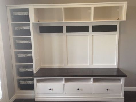 For our mudroom - http://www.ikeahackers.net/2014/09/hemnes-entryway-hack.html Hemnes Entryway, Wardrobe Entryway, Ikea Mud Room, Hemnes Bookcase, Hemnes Ikea, Ikea Hemnes Hack, Ikea Hack Storage, Ikea Entryway, Armoire Entree