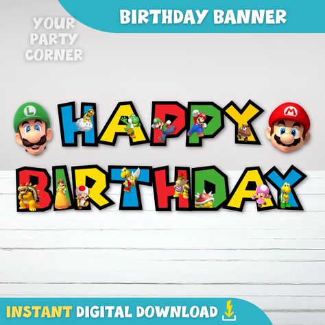 "Decorate your party with this printable Happy birthday banner... Super fun, easy and affordable! Just print, cut, and string it up!  Each letter is approx. 7\" x 7\"  💡This listing is for a 𝗗𝗜𝗚𝗜𝗧𝗔𝗟 𝗙𝗜𝗟𝗘. 𝗡𝗢 𝗣𝗛𝗬𝗦𝗜𝗖𝗔𝗟 𝗜𝗧𝗘𝗠 𝗪𝗜𝗟𝗟 𝗕𝗘 𝗦𝗛𝗜𝗣𝗣𝗘𝗗.  ☁ 𝗜𝗡𝗦𝗧𝗔𝗡𝗧 𝗗𝗢𝗪𝗡𝗟𝗢𝗔𝗗 = No wait times; you download the files as soon as you complete the purchase 💡WHAT'S INCLUDED: ☆ 1 x \"HAPPY BIRTHDAY\" PDF file  - 8.5\" x 11\" Letter size ☆ Includes Mario and Luigi graphic + 2 stars Total 17 pages 💡 How to Use: ☆ Print out your banner at home or at a local print shop ☆ Print on US letter size (8.5\" x 11\") or A4 size ☆ For best results, print on white cardstock or photo paper 🎉 Why Choose Digital Download: Personalized with your child's name and age, making i Mario Birthday Banner Free Printable, Super Mario Birthday Banner Free Printable, Mario Happy Birthday Banner, Super Mario Happy Birthday, Mario Happy Birthday, Super Mario Free, Mario Birthday Banner, Mario Und Luigi, Super Mario Birthday Party