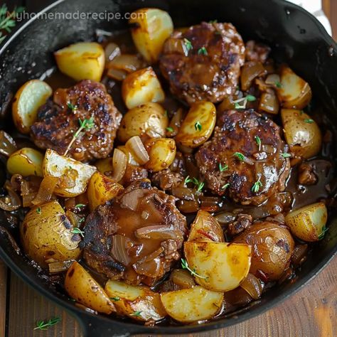 Skillet Salisbury Steak, Round Steak And Potatoes, Deviled Strawberries Recipe, Salisbury Steak And Potato Skillet 12 Tomatoes, Healthy Salisbury Steak Recipe, Steak And Potato Skillet, Healthy Salisbury Steak, Deviled Strawberries, Allrecipes Salisbury Steak