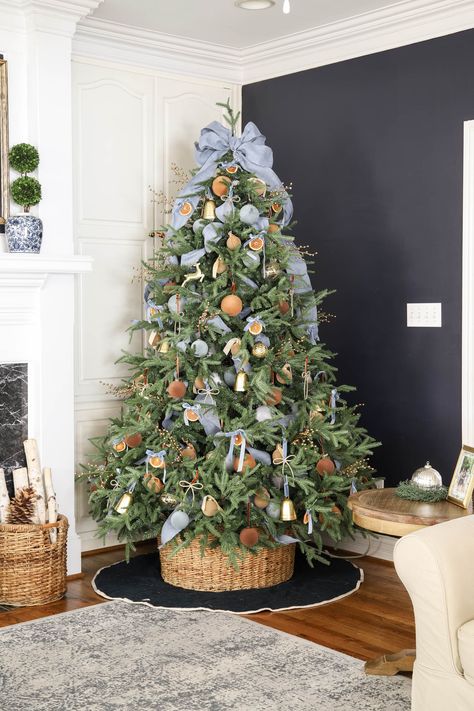 Orange, Blue & Brown Christmas Tree Ideas You’ll Love Navy Blue Farmhouse Christmas Tree, Green Blue Brown Christmas Tree, Slate Blue Christmas Tree, Brown Tree Christmas, Blue And Orange Christmas Decor, Red Green Blue Christmas Tree, Orange And Blue Christmas Tree, Brown Christmas Tree Ideas, Blue And Brown Christmas Tree