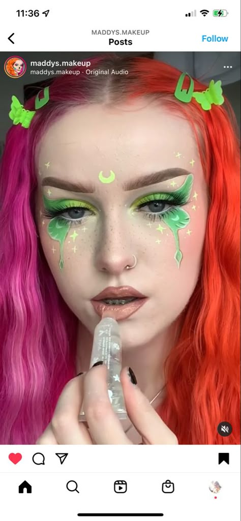 Luna Moth Eye Makeup, Green Fairy Makeup Halloween, Garden Fairy Makeup Ideas, Fae Inspired Makeup, Luna Moth Outfit, Nature Fairy Makeup, Spring Fairy Makeup, Moth Makeup Halloween, Luna Moth Makeup