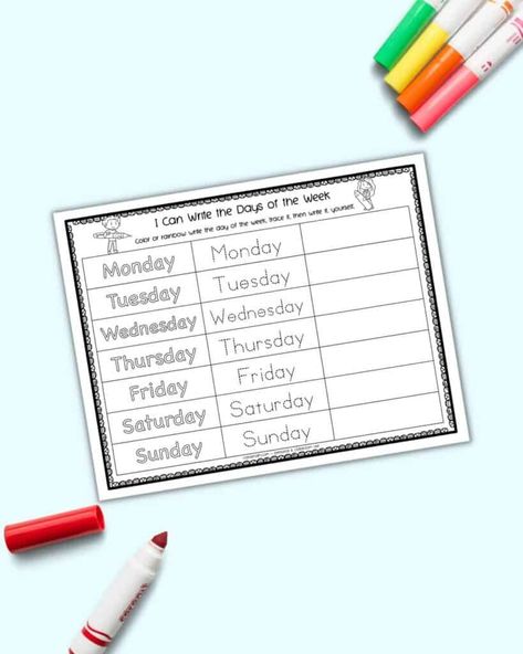 Help your pre-k or kindergarten student learn how to write the days of the week with this free printable days of the week tracing worksheet! Click through for your free days of the week handwriting practice page. Days Of The Week Writing Practice, Kids Printable Art, Calendar Activities, Tracing Sheets, Preschool Fine Motor, Free Printable Wall Art, Printables Freebies, Budgeting Worksheets, Organization Printables