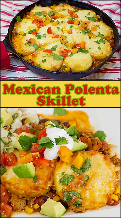 Polenta Taco Bake, Vegan Polenta Recipes Dinners, Polenta Skillet, Mexican Polenta, Simple Side Salad, Vegan Casseroles, Baked Polenta, Pancakes Vegan, Cast Iron Skillets