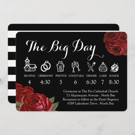 $3.48 | Black White and Red Roses Wedding Timeline #template, elegant, roses, customizable, flowers, wedding timeline, wedding, antique red roses, black and white stripes, wedding day timeline, pretty, modern Black And Ruby Wedding, Red Black And White Wedding Theme, White And Red Roses Wedding, Red Black Wedding Theme, Black And Red Wedding Decorations, Red And Black Wedding Decorations, Black And Red Wedding Invitations, Red White Black Wedding, Black And Red Wedding Theme