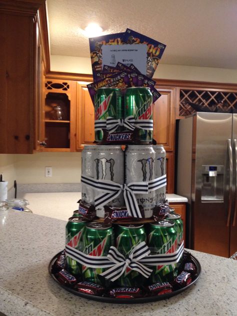 Soda Can Birthday Cake, Soda Can Cake, Can Cakes, Soda Can Cakes, Money Board, Soda Cake, Mtn Dew, Cake In A Can, Cake Tower