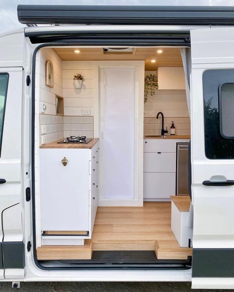 Camper Hacker on Instagram: “Bright White Interior This is @openroadcampervans ‘ stunning camper. Built for Aussie van life with slide out outdoor cooking table and…” Mini Van Home, Motorhome Inspiration, Vanity Van, Vans Design, Motorhome Interior, Van Tour, Camper Interior Design, Tiny House Camper, Campervan Hire