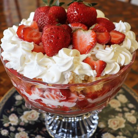 Strawberry Punch Bowl Cake, Punch Bowl Cake Recipe, Strawberry Punch, Punch Bowl Cake, Piccata Recipe, Fluffy Cake, Creamy Pudding, Trifle Dish, Strawberry Glaze