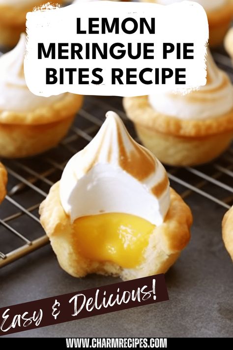 Try these Lemon Meringue Pie Bites for a fresh twist on a classic dessert. These mini treats are filled with zesty lemon curd topped with fluffy meringue, ideal for any occasion. They're perfect for parties, potlucks, or simply to satisfy your citrus cravings. Easy to make and serve, these delights combine a crunchy exterior with the bright and bold flavors of lemon. Whether you're a lemon lover or just want something fun and bite-sized, this recipe is sure to impress your guests. Lemon Tartlets Recipe Mini Tart, Pie Lemon Meringue, Individual Lemon Meringue Pie, Mini Lemon Meringue Pies Easy, Pies With Meringue Topping, Lemon Meringue Pie Mini, Lemon Meringue Pie Bites, Lemon Meringue Bites, Mini Lemon Meringue Tarts