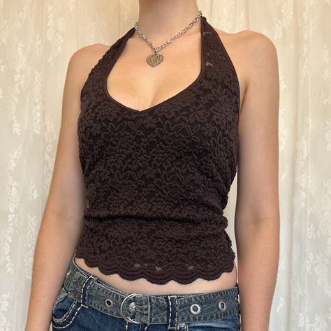 Early 2000s Tops, Y2k Lace Top, Brown Halter Top, 2000s Tops, Brown Y2k, Lace Halter Top, Bill Kaulitz, Brown Top, Thrift Shopping