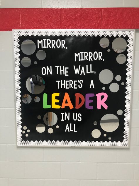 Bulletin Board Ideas With Mirrors, Mentor Board Ideas, Who Am I Bulletin Board Ideas, Junior High School Bulletin Board Ideas, Teacher Bulletin Boards Middle School, We Are Leaders Bulletin Board, Cricket Classroom Ideas, High School Inspirational Bulletin Board Ideas, Creative School Bulletin Boards