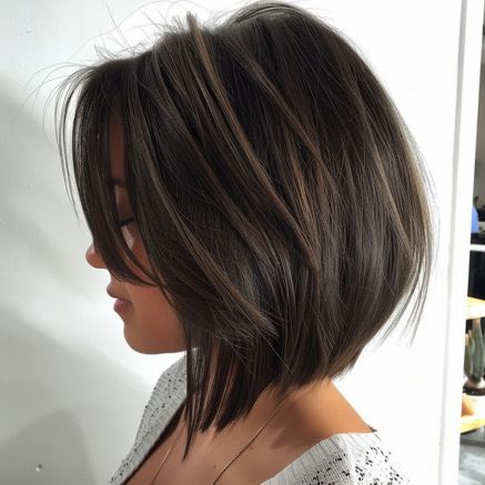 Bob Haircuts For Thinning Hair For Women, A Line Bob For Thick Hair, Tapered Angled Bob, Inverted Bob Layered, Layered Lob Haircut For Fine Hair, Medium Inverted Bob Hairstyles, Short Bob Dark Hair With Highlights, Short Hairstyle Women Inverted Bob, Modern Inverted Bob