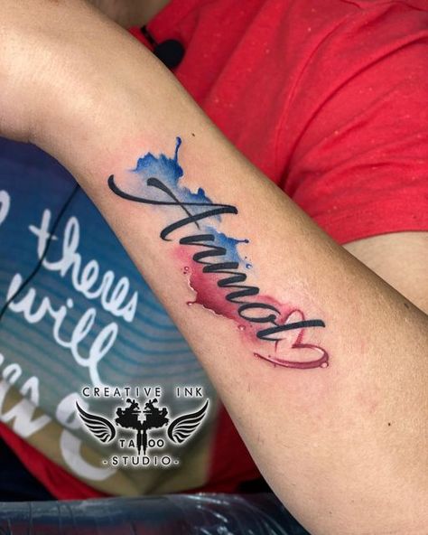 Colored Name Tattoo Design, Color Splash Tattoo Design, Color Name Tattoo, Water Ink Tattoo, Colour Flash Tattoo, Color Full Tattoo, Colourful Tattoo Designs, Name Lettering Tattoo, Watercolor Name Tattoo