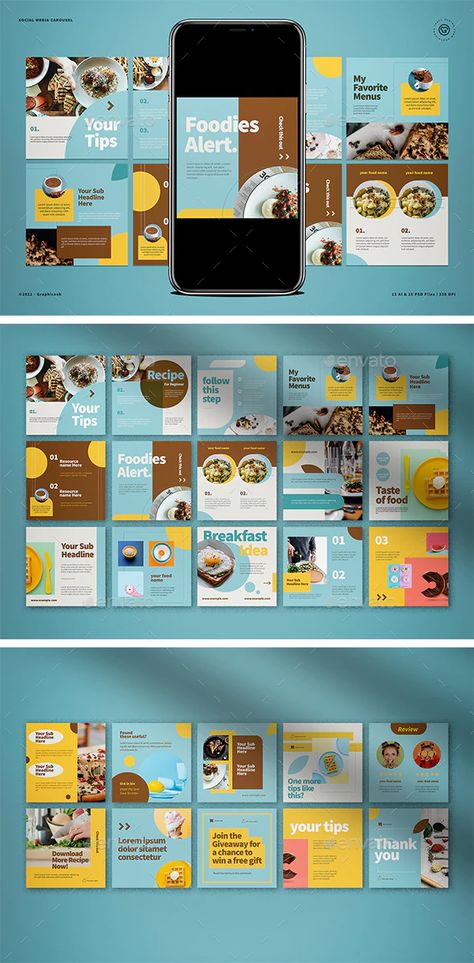 Food Instagram Coach Carousel by graphicook | GraphicRiver Ig Ads Design, Instagram Carousel Design, Carousel Ideas, Instagram Ads Design, Poster Tutorial, Food Startup, Carousel Design, Carribean Food, Lounge Interiors