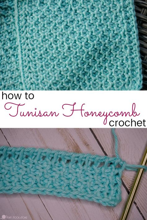 How to Tunisian Honeycomb Crochet Tunisian Honeycomb Stitch Tutorial, Tunisian Crochet Honeycomb Stitch, Tunisian Honeycomb Stitch, Honeycomb Crochet, Tunisian Patterns, Tunisian Stitches, Crochet Beginners, Crochet Tunisian, Tunisian Crochet Pattern