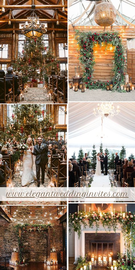 Christmas Wedding Stage Decorations, December Wedding Theme Ideas, Wedding Backdrop Christmas, Christmas Wedding Ideas Dresses, Outdoor December Wedding Ideas, December Wedding Backdrop, Wedding Dress For Winter Season, Pine Leaves Decor, Rustic Christmas Wedding Table Decor