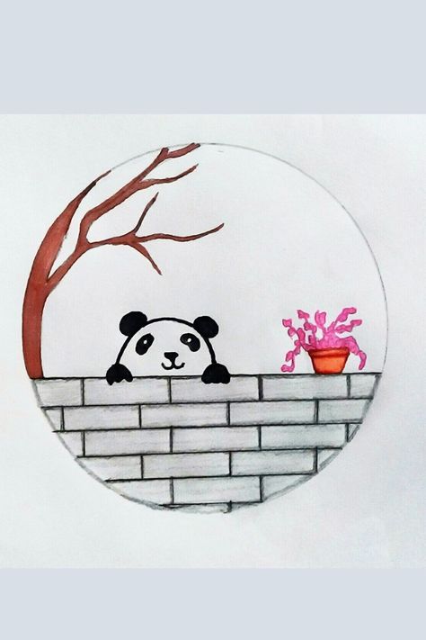 Panda Drawing On Wall | Circle Drawing Easy | Pencil Drawing In Circle Step By Step Circle Drawing Easy Cute, Drawing Ideas In A Circle, In Circle Drawings, Easy Drawings Circle, Simple Drawings Videos, Easy Pencil Art Drawings For Beginners, Easy Drawings In Circles, Nature Related Drawings, Drawings In Circles