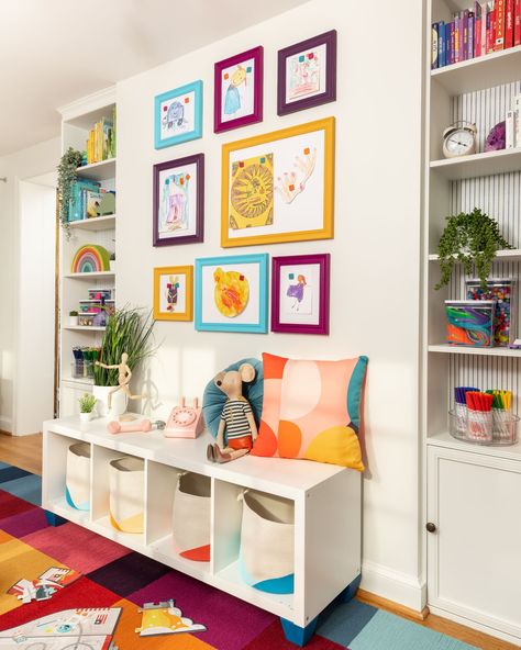 Family Room Playroom, Diy Mural, Bookshelf Organization, Playroom Storage, Color Palette Bright, Mural Design, Kids Playroom, Kid Spaces, Bonus Room