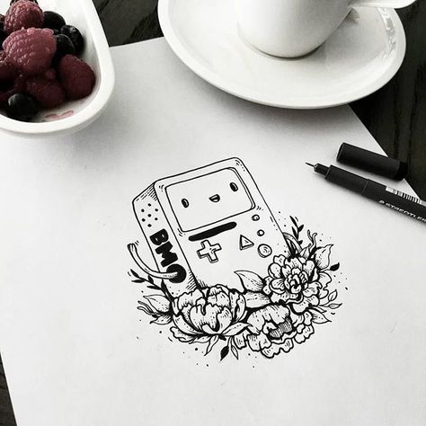 Bmo Tattoo, Tattoo Character, Adventure Time Tattoo, Tattoo Quote, Character Fanart, Skull Sketch, Tattoo Graphic, Graphic Design Blog, Character Sketches