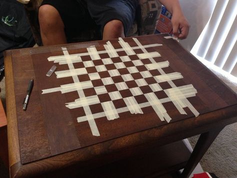 Making A Chess Board, Diy Chess Board Table, Chess Table Aesthetic, Outdoor Chess Table, Coffee Table Chess Board, Painted Chess Board, Chess Bars, Chess Board Table, Chess Squares