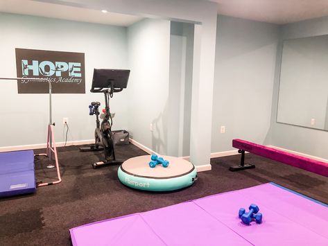 Home Gymnastics Gym, Garage Gymnastics Gym, Basement Gymnastics Area, Gymnastics Home Gym, Home Gymnastics Room For Kids, Gymnastics Room In House, At Home Gymnastics Room, Home Gymnastics Room, Gymnastics Room Ideas