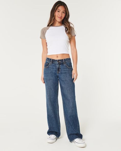 Women's Low-Rise Dark Wash Baggy Jeans | Women's Bottoms | HollisterCo.com Dark Wash Baggy Jeans, Hollister Outfits, Holister Jeans, Light Wash Baggy Jeans, Cute Bottoms, Jeans Hollister, Comfy Jeans, Comfortable Leggings, Women's Bottoms