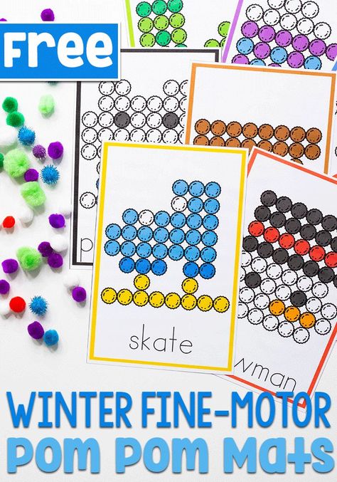 These free pom pom winter fine motor activities for preschool are a great way to work on colors and fine motor skills on the cold days of winter. Perfect for indoor recess! Grab the free printable. #preschool #freeprintable #free #winter #wintertheme #finemotor #finemotorskills #kindergarten #coloractivities Pompom Fine Motor Activities, Pom Pom Fine Motor Activities, Pom Pom Mats Free Printable, December Fine Motor Activities, Winter Fine Motor Activities Preschool, January Preschool Activities, Snow Activities For Preschool, Winter Centers Kindergarten, Winter Fine Motor Activities