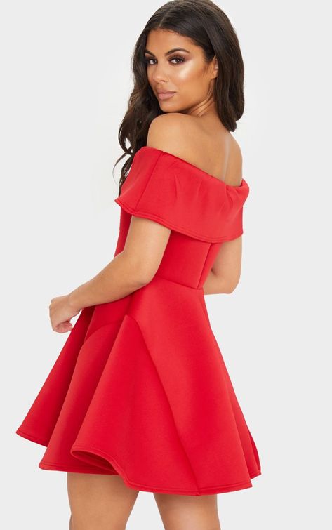 Red  Bonded Scuba Bardot Skater Dress | PrettyLittleThing Skater Fit, Scuba Dress, Wedding Guest Dresses, Bodycon Fashion, Cami Dress, Guest Dresses, Skater Dress, Modest Fashion, Women's Dresses