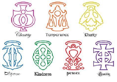 Which Of The 7 Heavenly Virtues Are You? 7 Heavenly Virtues, Seven Deadly Sins Symbols, 7 Deadly Sins Tattoo, Heavenly Virtues, Sin Tattoo, 7 Virtues, The 7 Deadly Sins, 7 Sins, Element Symbols