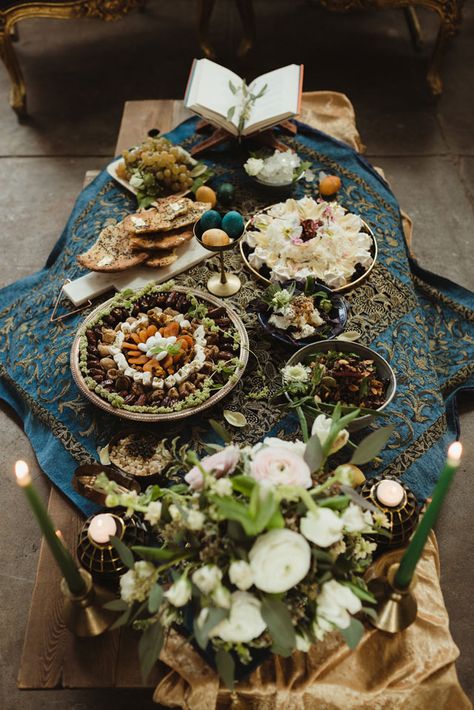 A Persian wedding inspiration shoot in the Pacific Northwest with sofreh aghd by Opal and Rose Photo Sofreh Aghd Decoration Iranian Wedding, Persian Dinner, Nowruz Table, Persian Weddings Sofreh Aghd, Iranian Wedding, Bc Wedding, Wild Rice Salad, Candied Almonds, Turkish Wedding