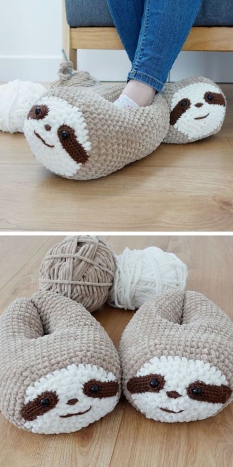 Crochet Stuffed Slippers, Birthday Gift Crochet Ideas, Crochet Kids Slippers Free Pattern, Sloth Knitting Pattern Free, Crochet Birthday Gift Ideas, Crochet Animal Slippers Free Patterns, Blanket Yarn Slippers Crochet, Sloth Crochet Pattern, Sloth Amigurumi Pattern Free