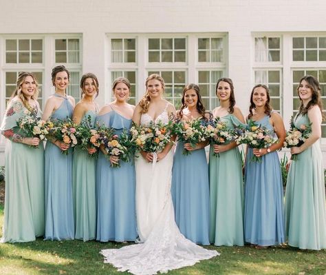 BIRDY GREY 🐥 on Instagram: “This palette of Sages & Dusty Blues 💙💚 • 👰🏼‍♀️: @megpeters21 📸: @jennanicolephotos #birdyinthewild #BIRDYGREY” Sage Green Wedding Dress, Bridesmaid Dresses Sage, Brides Maid Dresses Blue, Mismatched Green Bridesmaid Dresses, Light Green Bridesmaid Dresses, Mismatched Bridesmaid Dresses Blue, Sage Green Bridesmaid Dresses, Sage Green Bridesmaid, Sage Dresses