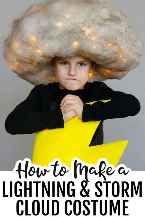 Make a No Sew Lightning and Storm Cloud Costume with this easy tutorial. #stormcostume #lightningcostume Diy Thunderstorm Costume, Thunder Costume Diy, Thunder Storm Costume, Lightning Halloween Costume, Weather Costumes For Kids, Struck By Lightning Costume, Rain Cloud Costume Diy, Storm Chaser Costume, Science Costume Ideas