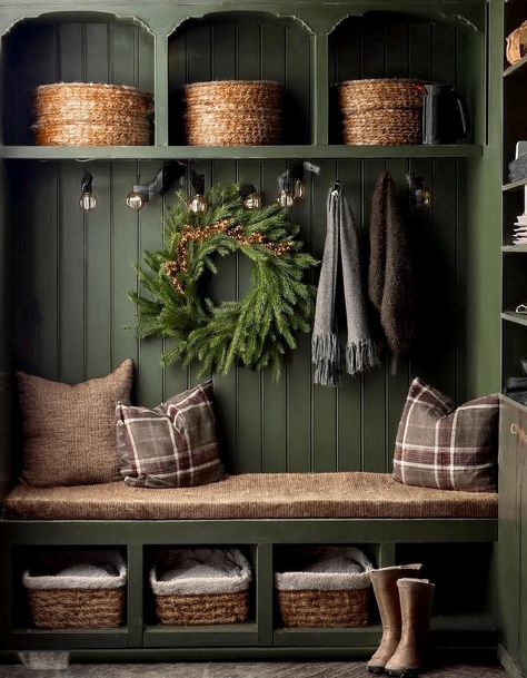 Follow these super simple amazing and stylish mudroom ideas to make your entryway both functional and beautiful. Green Entryway Bench, Cottage Core Mudroom, Entryway Bench Built In, Entry Way Storage Bench Ideas, Moody Mudroom Ideas, Board And Batten Bench, Front Entryway Storage Ideas, Mudroom Board And Batten, Mudroom Accent Wall