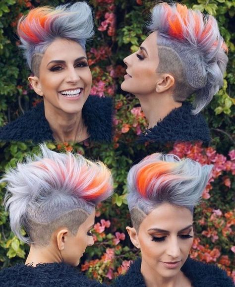 Mohawk Hair Color Ideas, Mohawk Color Ideas, Crazy Color Hair Ideas Short, Crazy Hair Colors For Short Hair, Vivid Hair Color Short, Pixie Mohawk, Short Hair Inspo, Mohawk Hairstyles For Women, Mohawk Styles