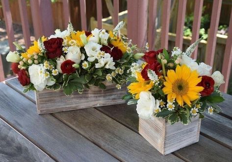 Flower Arrangements With Sunflowers, Arrangements With Sunflowers, Party Flower Arrangements, Red Roses And Sunflowers, White Veronica, White Lisianthus, Sunflower Wedding Decorations, Sunflower Party, Sunflowers And Roses