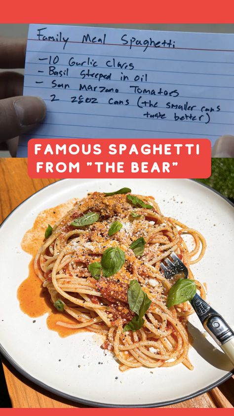 The Bear Tomato Sauce, The Bear Pasta, Recipes From The Bear, The Bear Spaghetti, The Bear Spaghetti Recipe, The Bear Recipes, The Bear Food, Famous Spaghetti Recipe, Healthy Menu Plan