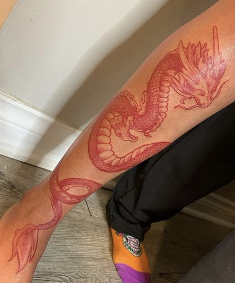 Dragon Calf Tattoos For Women, Dragon Shin Tattoo, Red Leg Tattoo, Dragon Calf Tattoo, Dragon Tattoo Calf, Dragon Tattoo Leg, Dragon Thigh Tattoo, Small Dope Tattoos, Hip Tattoo Designs