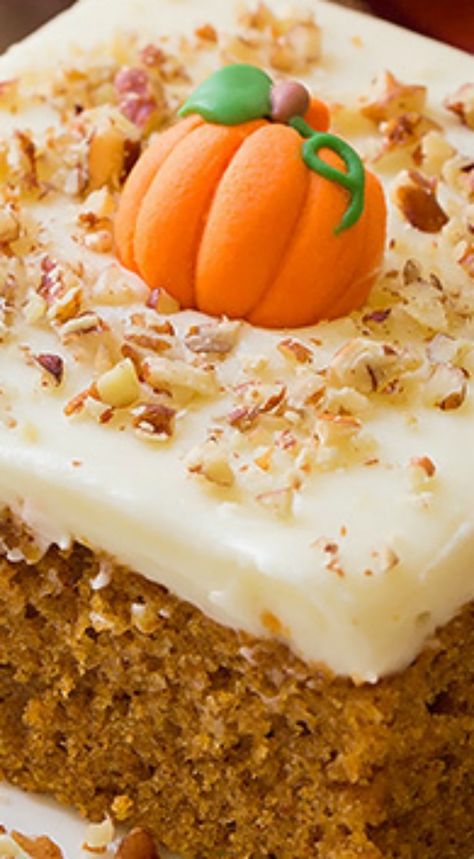 Pumpkin Sheet Cake with Cream Cheese Frosting ~ Tastes deliciously divine... It’s the perfect thing to make to feed a group of people during the fall season and you’ll love how easy it is to prepare and frost! Pumpkin Sheet Cake, Pumpkin Cake Recipes, Cake With Cream Cheese Frosting, Sheet Cake Recipes, With Cream Cheese Frosting, Köstliche Desserts, Desserts To Make, Cake With Cream Cheese, Pumpkin Dessert