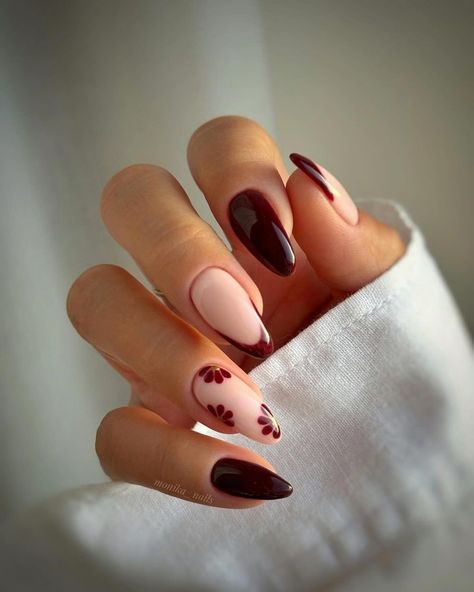 Monika Mrózek (@monika__nails) • Instagram photos and videos Fall Fall Nails, Funky Autumn Nails, Burgundy Autumn Nails, Nude And Burgundy Nails, Autumn Manicure Fall Nails Ideas, Girly Fall Nails, Beachy Nail Ideas, Fall Nails November, Fall Nail Designs Autumn Classy