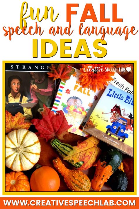 Looking for some fun and simple fall speech and language ideas you can bring into your classroom? Check out this blog post, where I share about some of my favorite fall speech activities including fall speech books, and activities with leaves and pumpkins. Fall Slp Activities, Activities With Leaves, Fall Theme Speech Therapy, Fall Articulation Activities, Fall Speech And Language Activities, Fall Speech Therapy, Speech Lessons, Winter Speech Therapy, Books And Activities