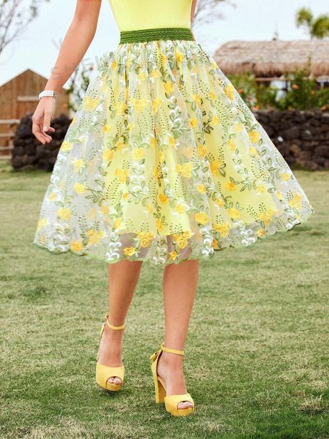 SHEIN DECDS Vintage Elegant Rose Branch And Leaves Embroidery Tulle Lace Trim High Waist A-Line Skirt With Umbrella Hem For Vacation, Spring Outfits, Women Bottoms, Spring Dress, Summer Dress, Easter Women Dress, Summer, Easter Dress, Colorful Dress, Yellow Women Dresses, Spring Skirts, Yellow Women Skirts, Country Concert Outfit, Music Festival | SHEIN USA Easter Skirt, Rose Branch, Easter Dresses For Women, Leaves Embroidery, Colorful Skirt, Spring Skirt, Embroidery Tulle, Birthday Outfit For Women, Colorful Skirts