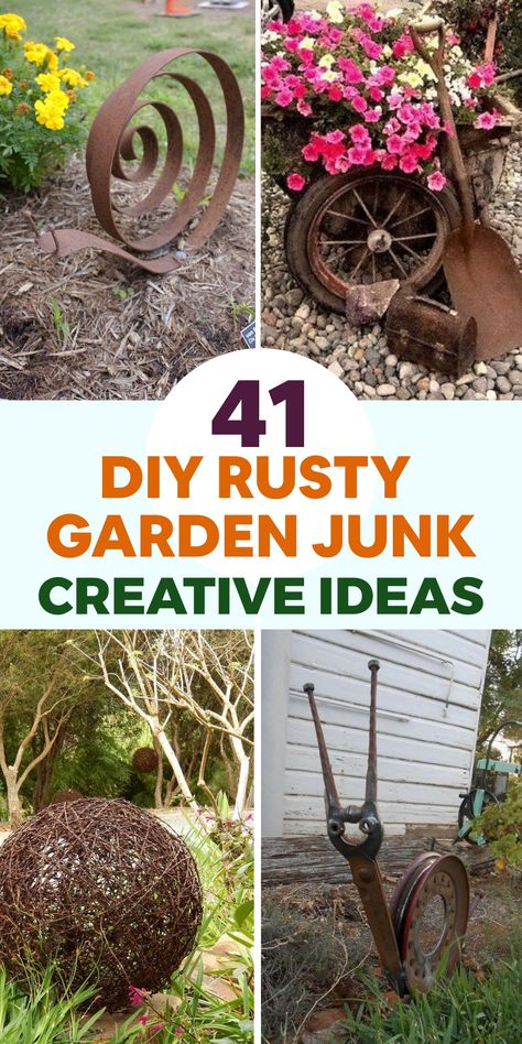 Transform your garden with creative DIY projects using old rusty items. Upcycle an outdated metal chair into a one-of-a-kind plant stand by repurposing it with an upcycled planter. Breathe new life into a worn-out bicycle by converting it into a charming flower display for your outdoor space. Get artistic and craft a unique rusty metal sculpture by welding together salvaged pieces. Creative Plant Stands Outdoor, Old Metal Chairs, Recycled Garden Planters, Rusty Junk, Old Door Projects, Spiral Garden, Pebble Garden, Rusty Garden, Black Thumb