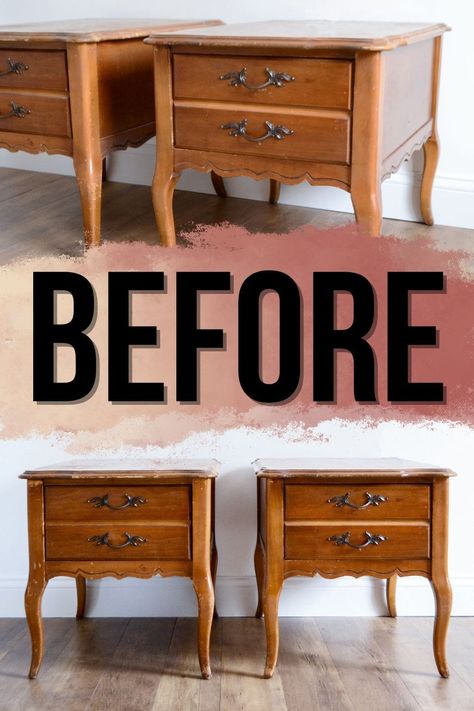 French Provincial Nightstand Makeover, Nightstands Makeover, Refurbished Night Stand, Painted Nightstand Ideas, French Provincial Bedside Table, Refinished End Tables, Bedside Table Makeover, Night Stand Makeover, Painted Bedside Tables