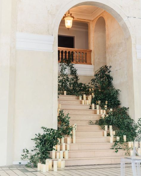 Evening Wedding Ceremony, Simple Church Wedding, Wedding Stairs, Winter Bridal Showers, Rustic Wedding Decorations, White Pillar Candles, Church Wedding Decorations, Hydrangeas Wedding, Stair Decor