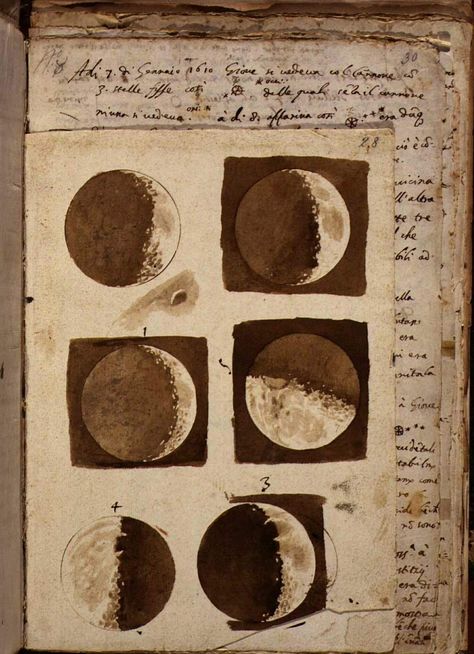 Drawings of the moon, by Galileo Galilei, 1609. Drawings Of The Moon, Marauders Ships, Oldest Human, Phases Of The Moon, Moon Drawing, Marble Sculpture, Wow Products, Hanging Ornaments, Artifacts