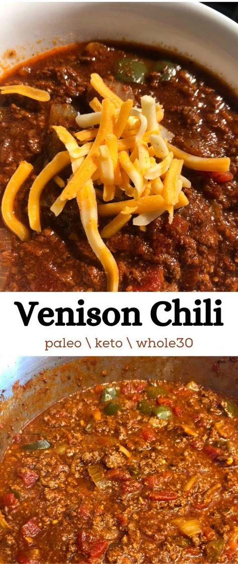 Keto Venison Chili, Deer Sausage Chili Recipe, Chili Recipe Venison, Keto Venison Recipes, Deer Meat Chili, Ground Deer Recipes, Elk Chili Recipe, Deer Chili Recipe, Chili Paleo