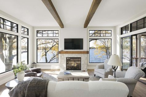 Gorgeous farmhouse style on Lake Minnetonka with nautical accents Sunroom Remodel, 4 Season Room, Four Seasons Room, Sunroom Designs, Lake House Plans, White Oak Floors, Black Windows, Room Additions, Inviting Home