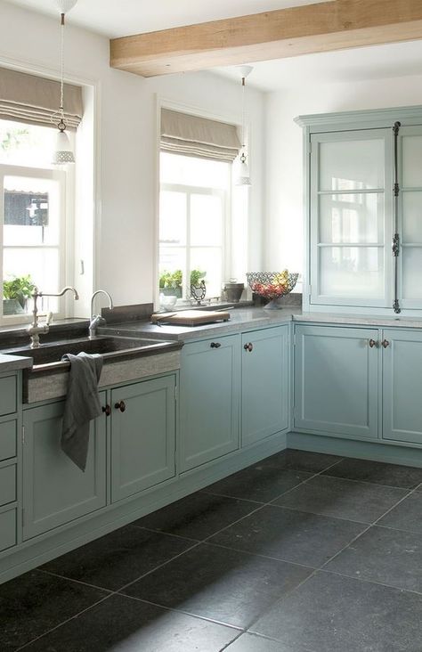 Lovely blue kitchen cabinets. - Brought to you by NBC's American Dream Builders, Hosted by Nate Berkus Slate Kitchen, Серая Кухня, Turquoise Kitchen, Grey Floor Tiles, Blue Kitchen Cabinets, Classic Kitchen, Blue Cabinets, Grey Flooring, Kitchen Floor Tile