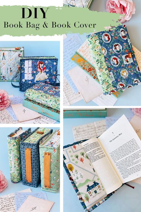 Karen of Cream Craft Goods used the new Little Women fabric collection by Jill Howarth to make the cutest fabric book bags and book covers! Get the project details on the blog and shop the Little Women fabric collection today! Fabric Book Cover Pattern, How To Make A Fabric Book Cover, Sewing For Book Lovers, Diy Fabric Book Cover, Diy Book Sleeve Free Pattern, Fabric Book Covers Diy, Fabric Books How To Make, Quilted Book Covers, Sewing Book Cover